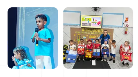 Alunos participando de apresentações e projetos na Escola Nosso Mundo